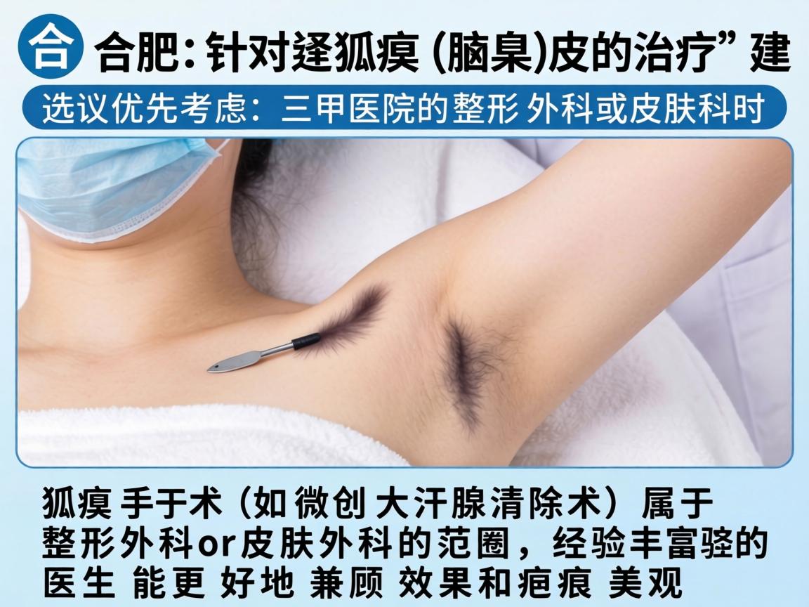 在合肥，针对狐臭（腋臭）的治疗，选择医院和医生时，建议优先考虑三甲医院的整形外科或皮肤科。狐臭手术（如微创大汗腺清除术）属于整形外科或皮肤外科的范畴，经验丰富的医生能更好地兼顾效果和疤痕美观