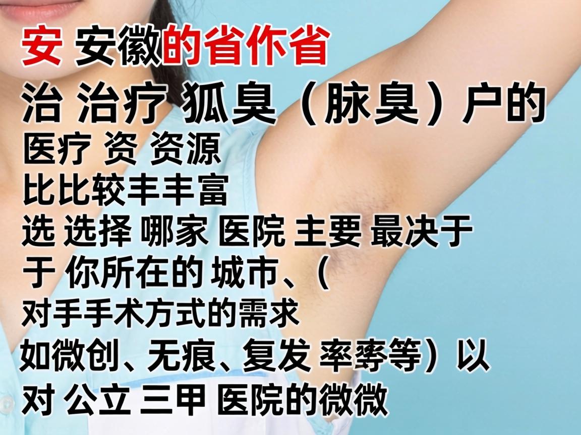 在安徽省,治疗狐臭(腋臭)的医疗资源比较丰富,选择哪家医院主要取决于你所在的城市、对手术方式的需求(如微创、无痕、复发率等)以及对公立三甲医院的偏好 在安徽省,治疗狐臭(腋臭)的医疗资源比较丰富,选择哪家医院主要取决于你所在的城市、对手术方式的需求(如微创、无痕、复发率等)以及对公立三甲医院的偏好