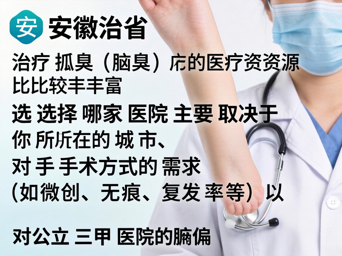 在安徽省,治疗狐臭(腋臭)的医疗资源比较丰富,选择哪家医院主要取决于你所在的城市、对手术方式的需求(如微创、无痕、复发率等)以及对公立三甲医院的偏好 在安徽省,治疗狐臭(腋臭)的医疗资源比较丰富,选择哪家医院主要取决于你所在的城市、对手术方式的需求(如微创、无痕、复发率等)以及对公立三甲医院的偏好