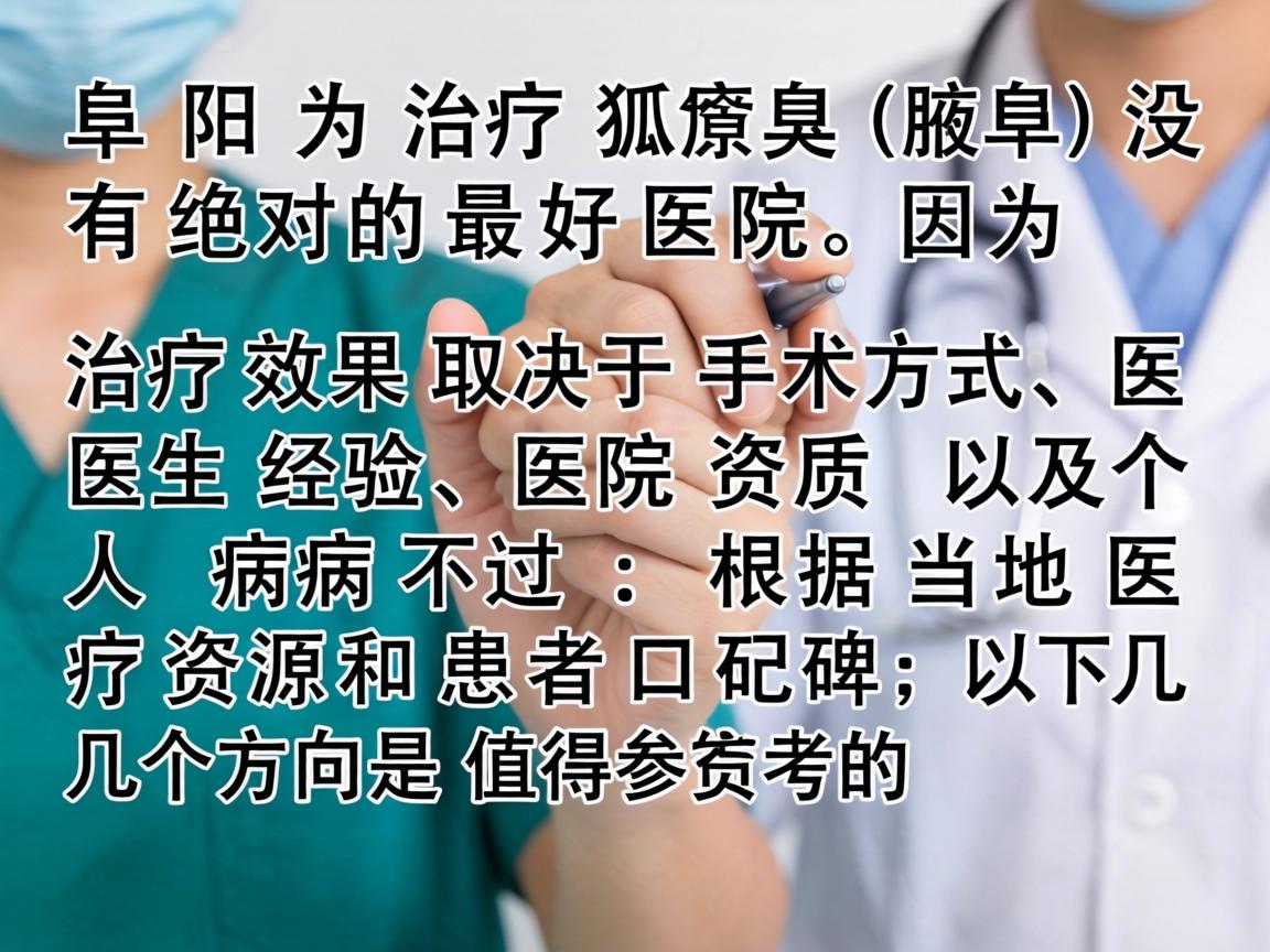 在阜阳治疗狐臭(腋臭)没有绝对的最好医院,因为治疗效果取决于手术方式、医生经验、医院资质以及个人病情。不过,根据当地医疗资源和患者口碑,以下几个方向是值得参考的 在阜阳治疗狐臭(腋臭)没有绝对的最好医院,因为治疗效果取决于手术方式、医生经验、医院资质以及个人病情。不过,根据当地医疗资源和患者口碑,以下几个方向是值得参考的