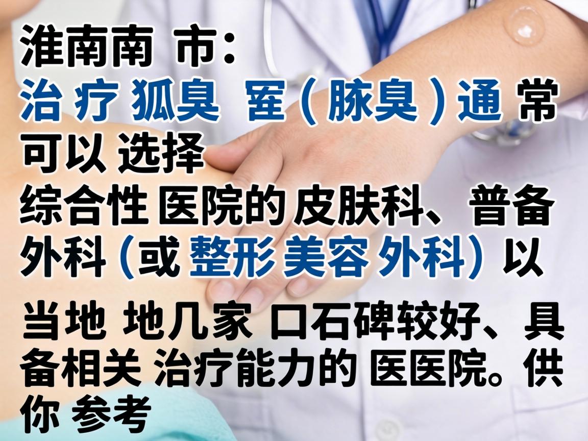 在淮南市,治疗狐臭(腋臭)通常可以选择综合性医院的皮肤科、普外科(或整形美容外科)以下是当地几家口碑较好、具备相关治疗能力的医院,供你参考 在淮南市,治疗狐臭(腋臭)通常可以选择综合性医院的皮肤科、普外科(或整形美容外科)以下是当地几家口碑较好、具备相关治疗能力的医院,供你参考