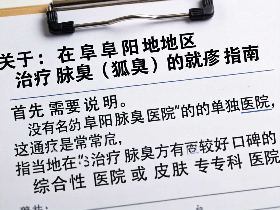 这是一份关于在阜阳地区治疗腋臭（狐臭）的就医指南。首先需要说明，没有名为阜阳腋臭医院的单独医院，这通常是指当地在治疗腋臭方面有较好口碑的综合性医院或皮肤专科医院
