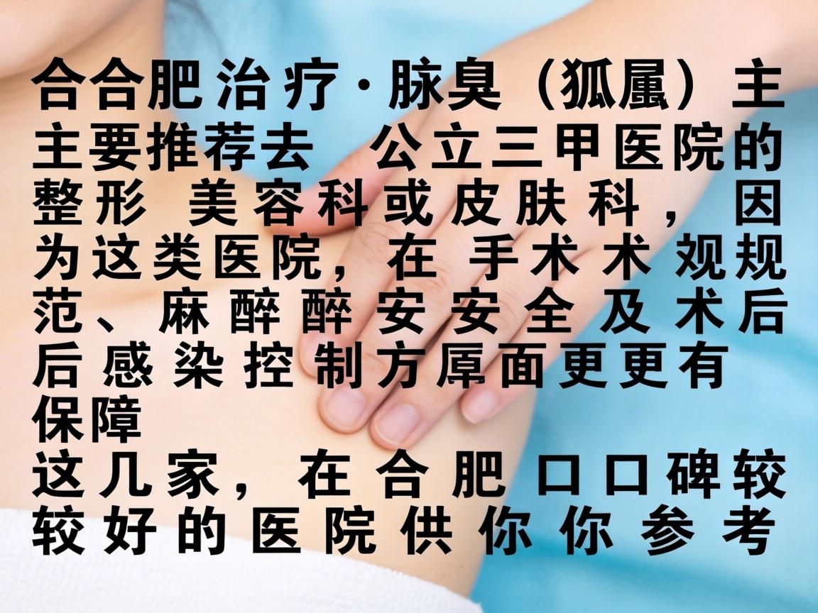 在合肥，治疗腋臭（狐臭）主要推荐去公立三甲医院的整形美容科或皮肤科，因为这类医院在手术规范、麻醉安全及术后感染控制方面更有保障。以下是几家在合肥口碑较好的医院供你参考