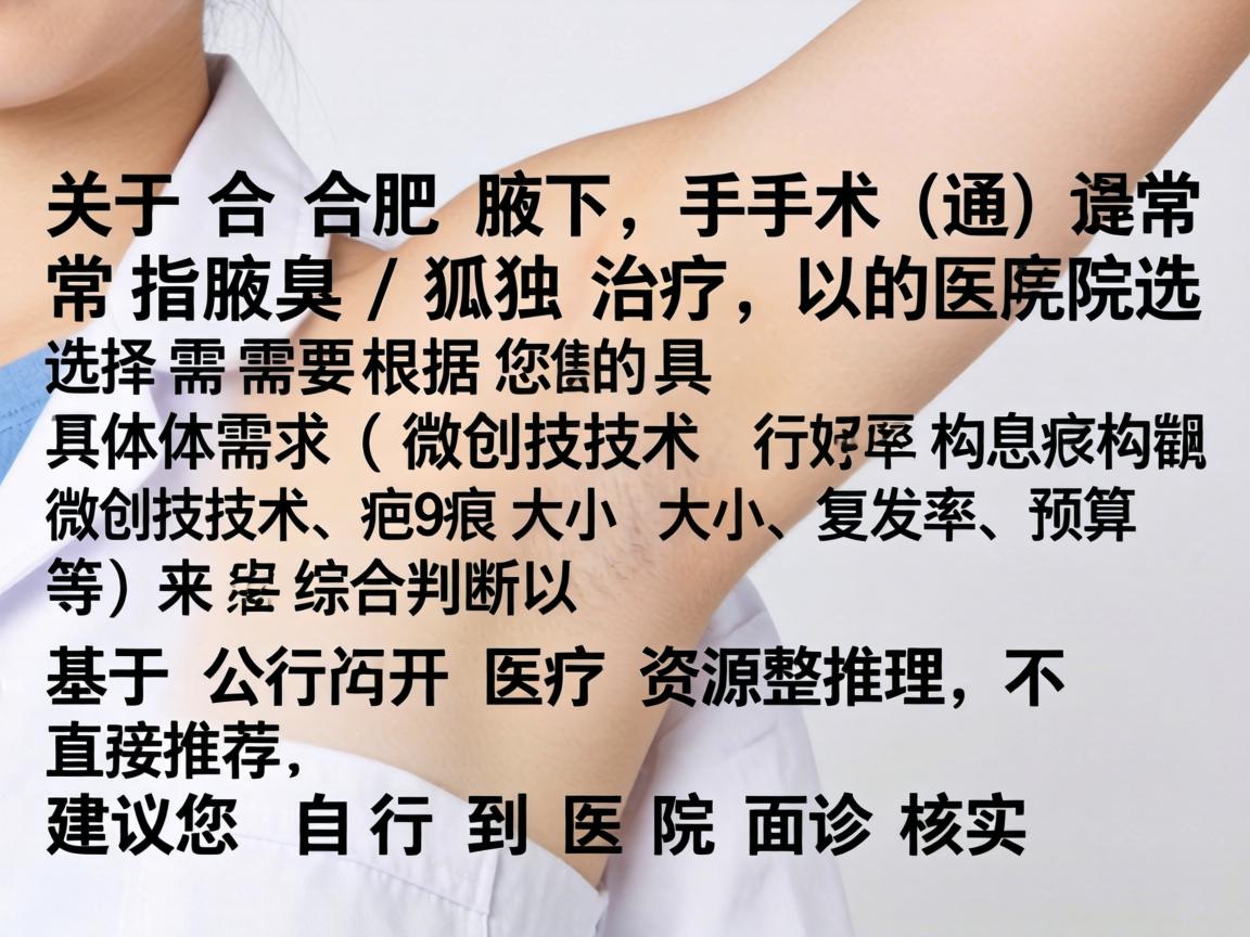 关于合肥腋下手术（通常指腋臭/狐臭治疗）的医院选择，需要根据您的具体需求（如微创技术、疤痕大小、复发率、预算等）来综合判断。以下信息基于公开医疗资源整理，不构成直接推荐，建议您自行到医院面诊核实