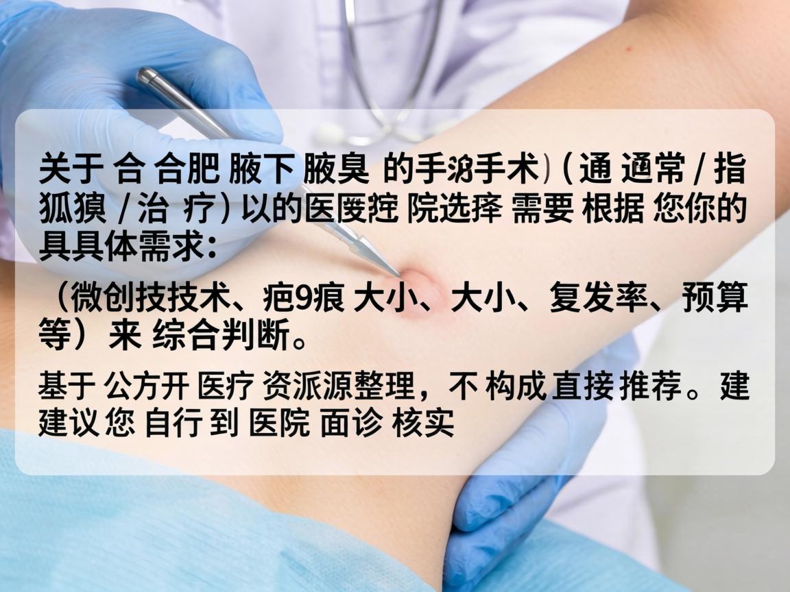 关于合肥腋下手术（通常指腋臭/狐臭治疗）的医院选择，需要根据您的具体需求（如微创技术、疤痕大小、复发率、预算等）来综合判断。以下信息基于公开医疗资源整理，不构成直接推荐，建议您自行到医院面诊核实