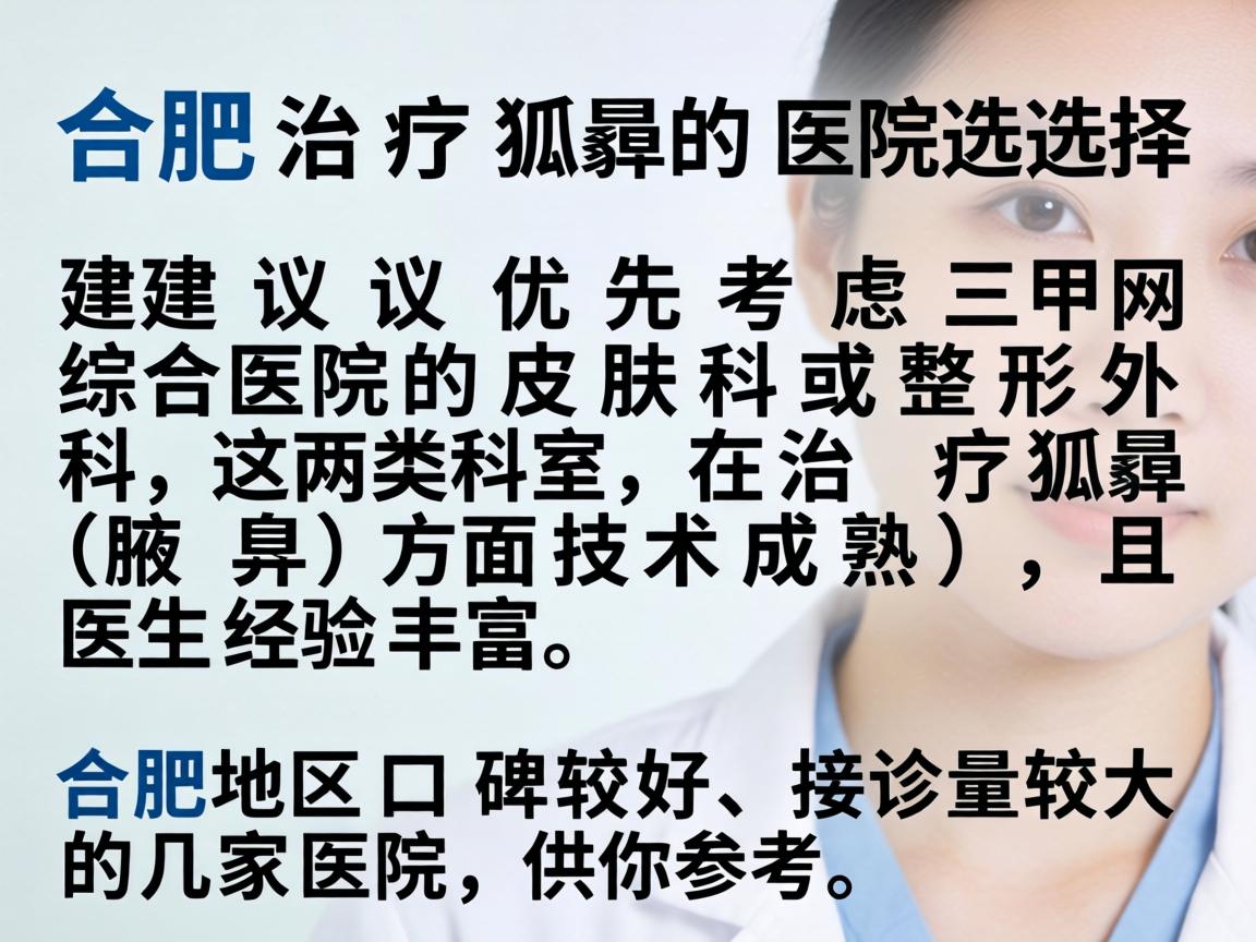 合肥治疗狐臭的医院选择，建议优先考虑三甲综合医院的皮肤科或整形外科，这两类科室在治疗狐臭（腋臭）方面技术成熟，且医生经验丰富。以下是合肥地区口碑较好、接诊量较大的几家医院，供你参考