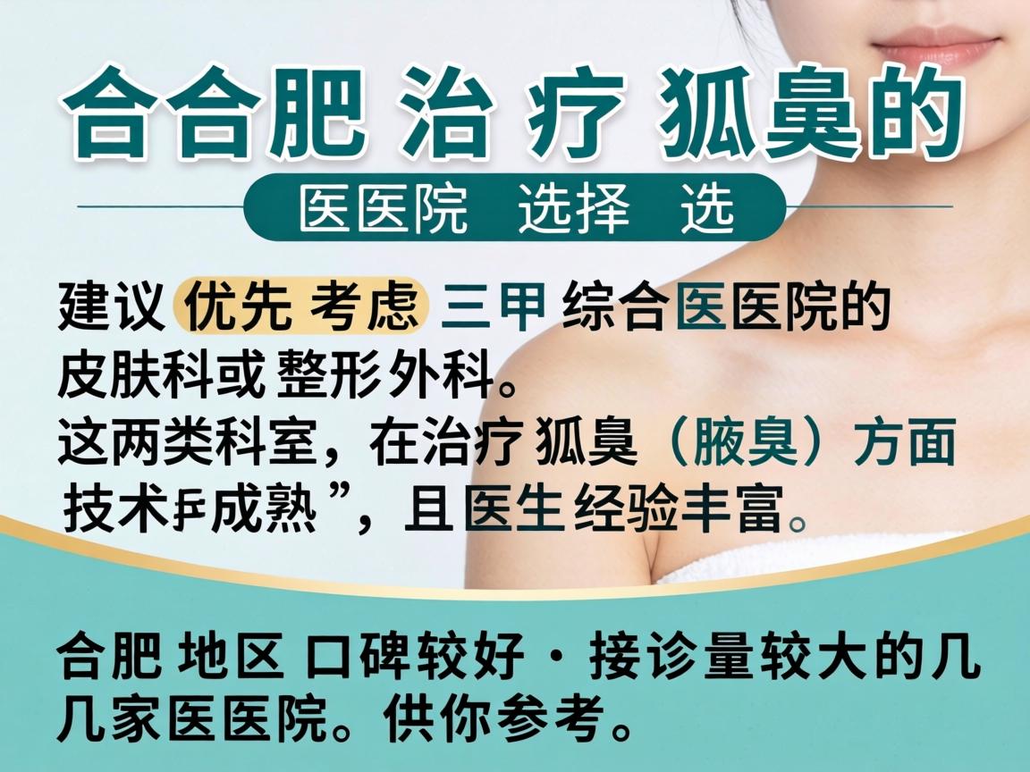 合肥治疗狐臭的医院选择，建议优先考虑三甲综合医院的皮肤科或整形外科，这两类科室在治疗狐臭（腋臭）方面技术成熟，且医生经验丰富。以下是合肥地区口碑较好、接诊量较大的几家医院，供你参考