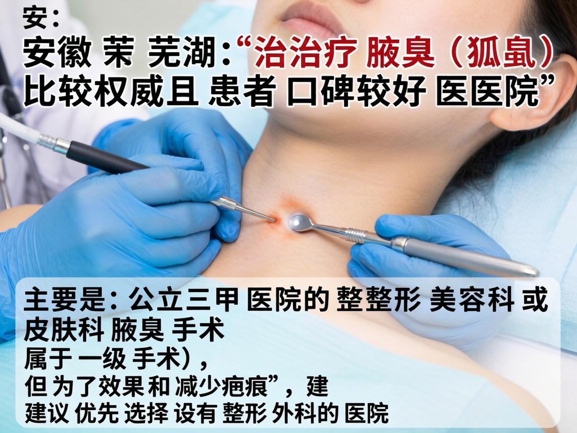 在安徽芜湖，治疗腋臭（狐臭）比较权威且患者口碑较好的医院，主要是公立三甲医院的整形美容科或皮肤科。腋臭手术属于一级手术，但为了效果和减少疤痕，建议优先选择设有整形外科的医院