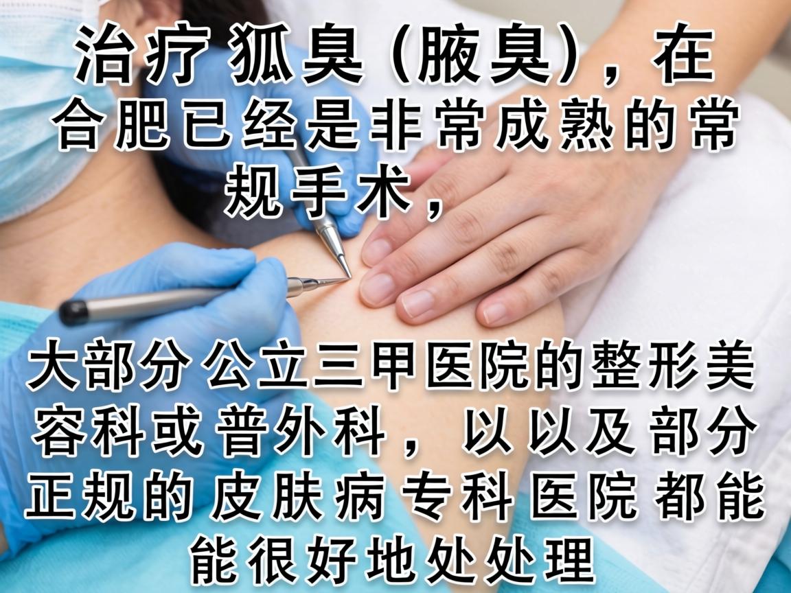治疗狐臭（腋臭）在合肥已经是非常成熟的常规手术，大部分公立三甲医院的整形美容科或普外科，以及部分正规的皮肤病专科医院都能很好地处理