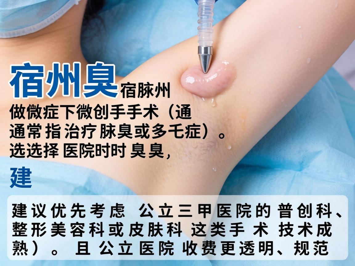 在宿州，做腋下微创手术（通常指治疗腋臭或多汗症）选择医院时，建议优先考虑公立三甲医院的普外科、整形美容科或皮肤科。这类手术技术成熟，且公立医院收费更透明、规范