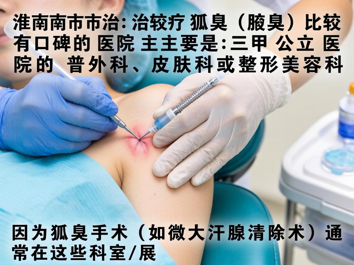 在淮南市,治疗狐臭(腋臭)比较有口碑的医院主要是三甲公立医院的普外科、皮肤科或整形美容科。因为狐臭手术(如微创大汗腺清除术)通常在这些科室开展 在淮南市,治疗狐臭(腋臭)比较有口碑的医院主要是三甲公立医院的普外科、皮肤科或整形美容科。因为狐臭手术(如微创大汗腺清除术)通常在这些科室开展