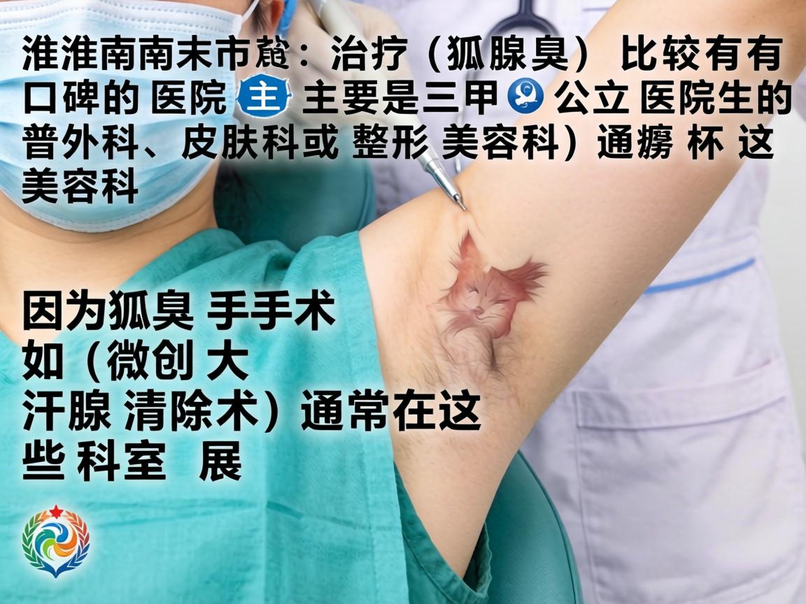 在淮南市,治疗狐臭(腋臭)比较有口碑的医院主要是三甲公立医院的普外科、皮肤科或整形美容科。因为狐臭手术(如微创大汗腺清除术)通常在这些科室开展 在淮南市,治疗狐臭(腋臭)比较有口碑的医院主要是三甲公立医院的普外科、皮肤科或整形美容科。因为狐臭手术(如微创大汗腺清除术)通常在这些科室开展