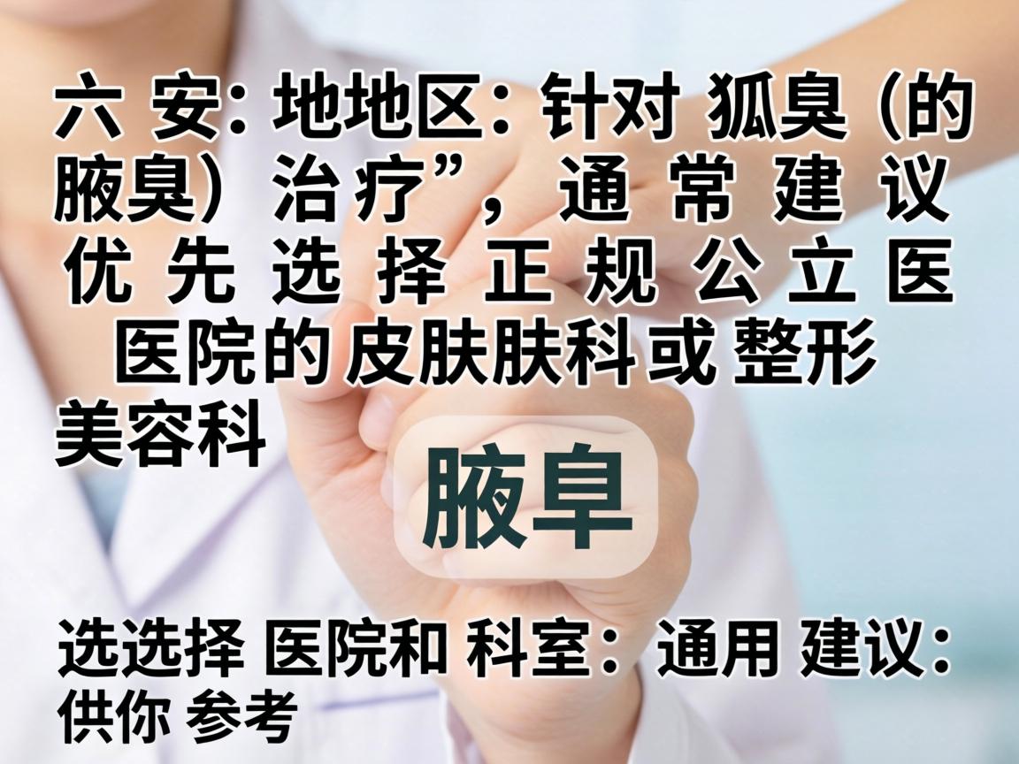 在六安地区，针对狐臭（腋臭）的治疗，通常建议优先选择正规公立医院的皮肤科或整形美容科。以下是选择医院和科室的通用建议，供你参考