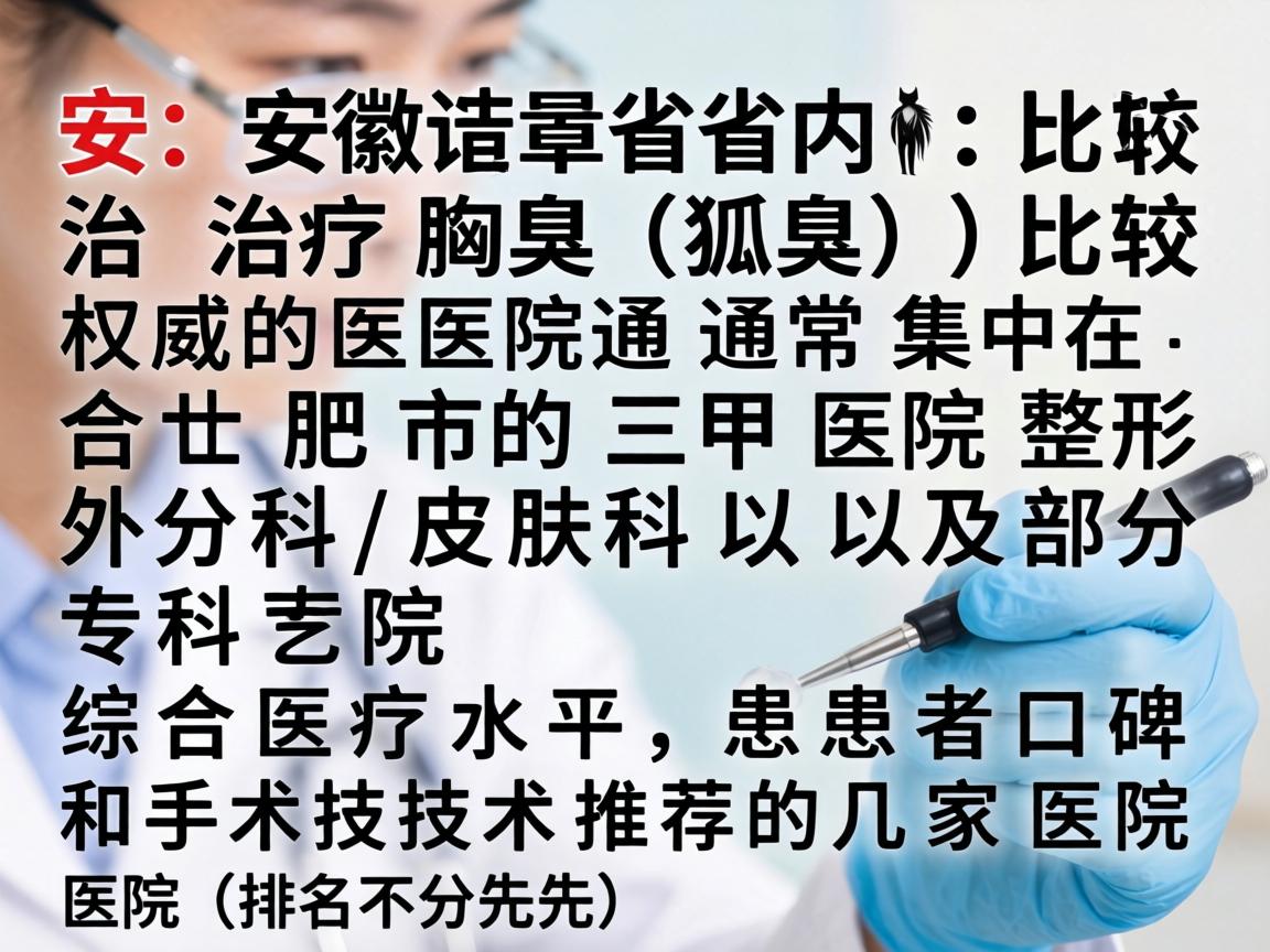 在安徽省内，治疗腋臭（狐臭）比较权威的医院通常集中在合肥市的三甲医院整形外科/皮肤科以及部分专科医院。以下是综合医疗水平、患者口碑和手术技术推荐的几家医院（排名不分先后）