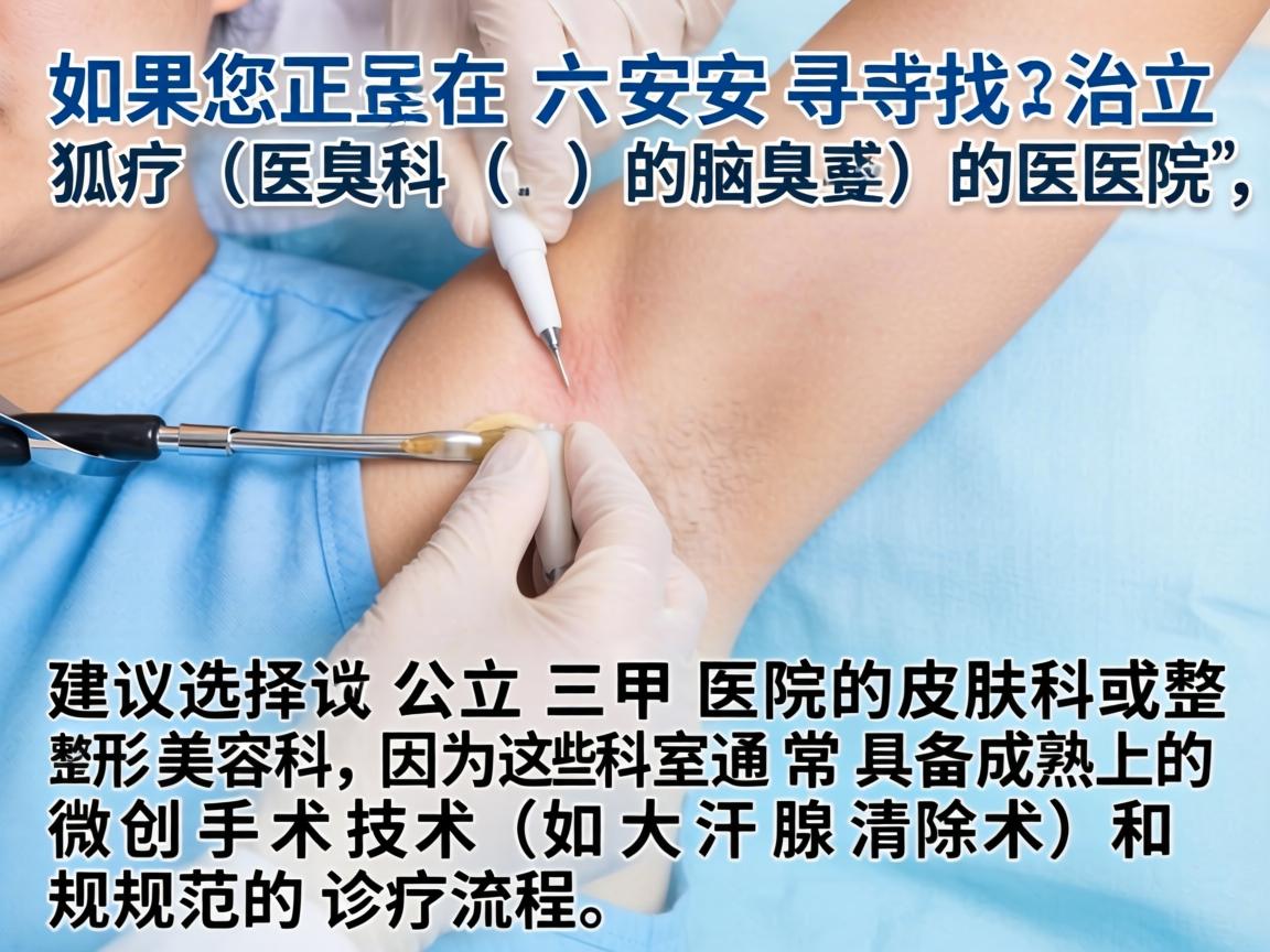 如果您正在六安寻找治疗狐臭（腋臭）的医院，建议选择公立三甲医院的皮肤科或整形美容科，因为这些科室通常具备成熟的微创手术技术（如大汗腺清除术）和规范的诊疗流程