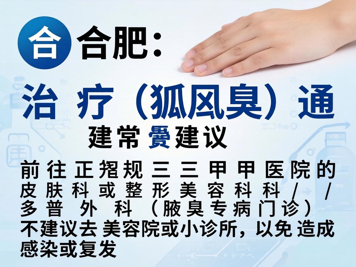 在合肥，治疗腋臭（狐臭）通常建议前往正规三甲医院的皮肤科或整形美容科/普外科（腋臭专病门诊）不建议去美容院或小诊所，以免造成感染或复发