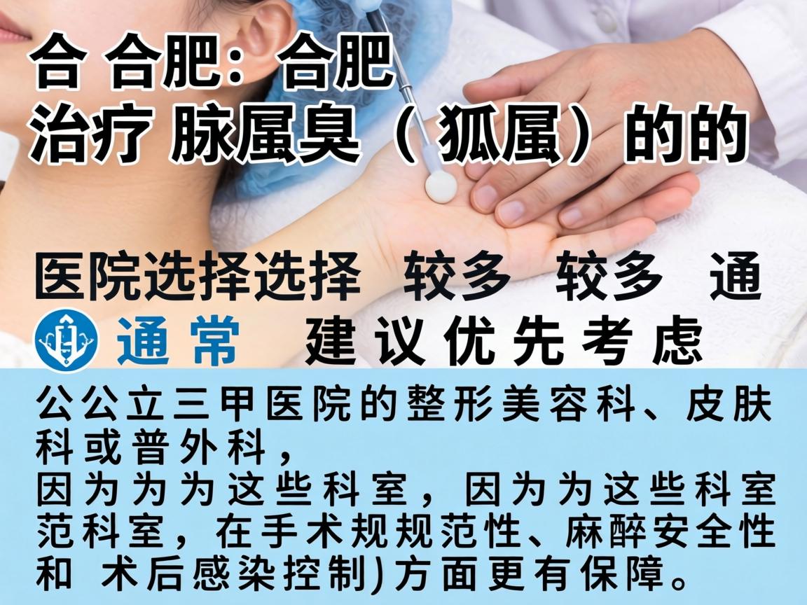 在合肥，治疗腋臭（狐臭）的医院选择较多，通常建议优先考虑公立三甲医院的整形美容科、皮肤科或普外科，因为这些科室在手术规范性、麻醉安全性和术后感染控制方面更有保障