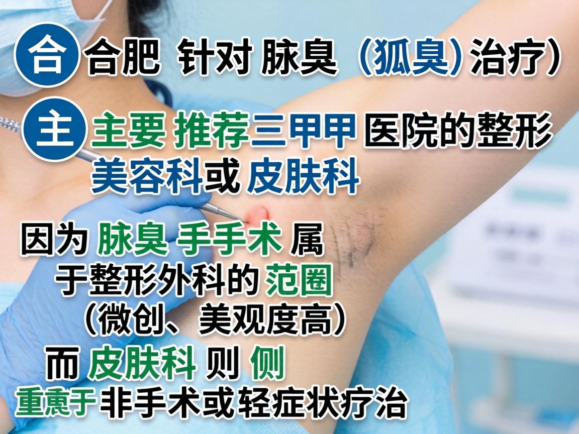 在合肥，针对腋臭（狐臭）的治疗，主要推荐三甲医院的整形美容科或皮肤科。因为腋臭手术属于整形外科的范畴（微创、美观度高）而皮肤科则侧重于非手术或轻症状治疗