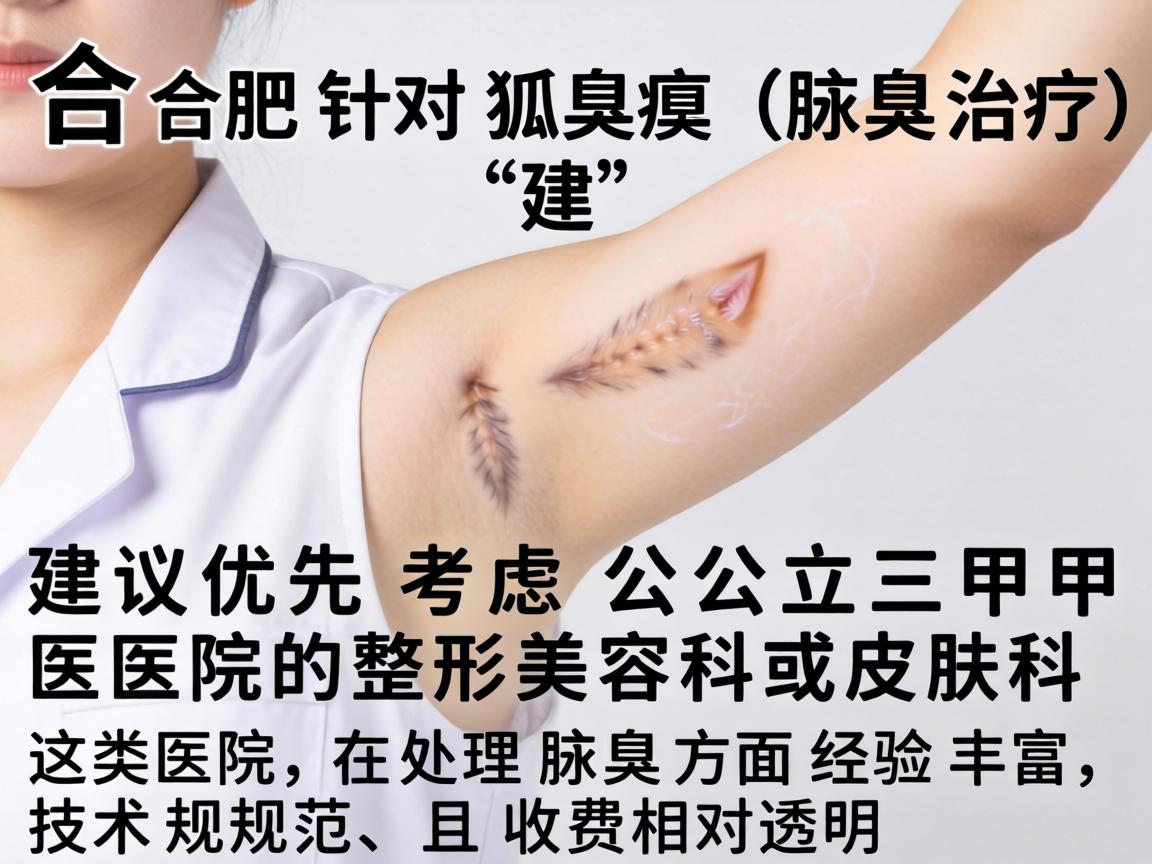 在合肥,针对狐臭(腋臭)的治疗,建议优先考虑公立三甲医院的整形美容科或皮肤科。这类医院在处理腋臭方面经验丰富,技术规范,且收费相对透明 在合肥,针对狐臭(腋臭)的治疗,建议优先考虑公立三甲医院的整形美容科或皮肤科。这类医院在处理腋臭方面经验丰富,技术规范,且收费相对透明
