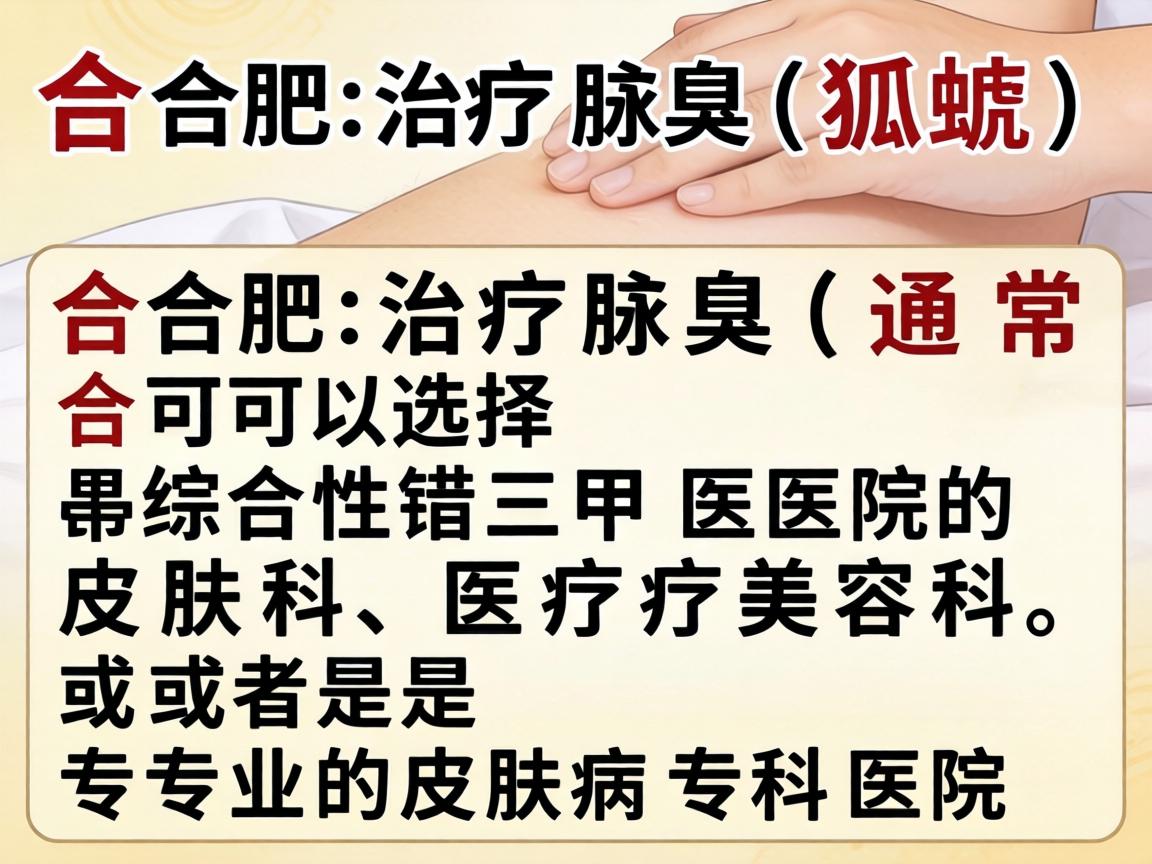 在合肥,治疗腋臭(狐臭)通常可以选择综合性三甲医院的皮肤科、医疗美容科,或者是专业的皮肤病专科医院 在合肥,治疗腋臭(狐臭)通常可以选择综合性三甲医院的皮肤科、医疗美容科,或者是专业的皮肤病专科医院