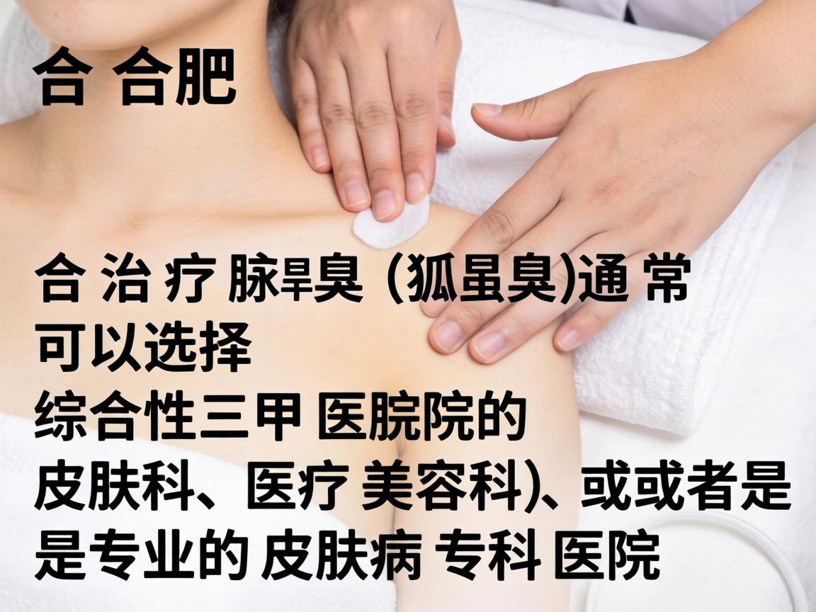 在合肥,治疗腋臭(狐臭)通常可以选择综合性三甲医院的皮肤科、医疗美容科,或者是专业的皮肤病专科医院 在合肥,治疗腋臭(狐臭)通常可以选择综合性三甲医院的皮肤科、医疗美容科,或者是专业的皮肤病专科医院