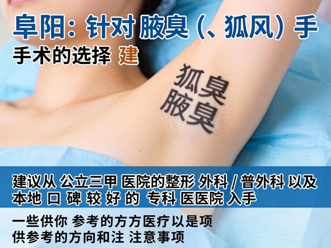 在阜阳,针对腋臭(狐臭)手术的选择,建议从公立三甲医院的整形外科/普外科以及本地口碑较好的专科医院入手。以下是一些供你参考的方向和注意事项 在阜阳,针对腋臭(狐臭)手术的选择,建议从公立三甲医院的整形外科/普外科以及本地口碑较好的专科医院入手。以下是一些供你参考的方向和注意事项