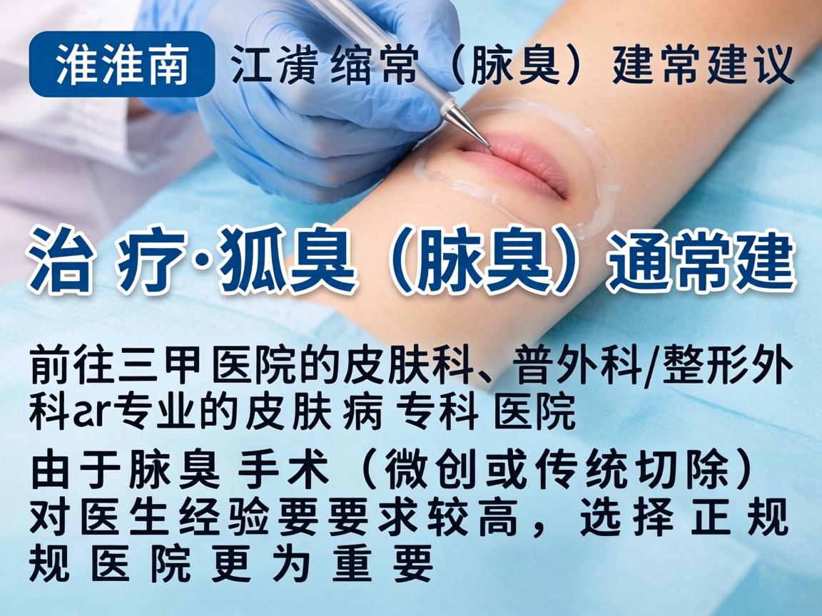 在淮南,治疗狐臭(腋臭)通常建议前往三甲医院的皮肤科、普外科/整形外科或专业的皮肤病专科医院。由于腋臭手术(微创或传统切除)对医生经验要求较高,选择正规医院更为重要 在淮南,治疗狐臭(腋臭)通常建议前往三甲医院的皮肤科、普外科/整形外科或专业的皮肤病专科医院。由于腋臭手术(微创或传统切除)对医生经验要求较高,选择正规医院更为重要