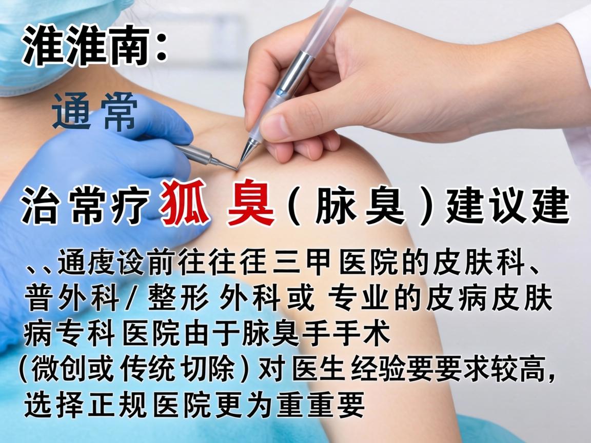 在淮南,治疗狐臭(腋臭)通常建议前往三甲医院的皮肤科、普外科/整形外科或专业的皮肤病专科医院。由于腋臭手术(微创或传统切除)对医生经验要求较高,选择正规医院更为重要 在淮南,治疗狐臭(腋臭)通常建议前往三甲医院的皮肤科、普外科/整形外科或专业的皮肤病专科医院。由于腋臭手术(微创或传统切除)对医生经验要求较高,选择正规医院更为重要
