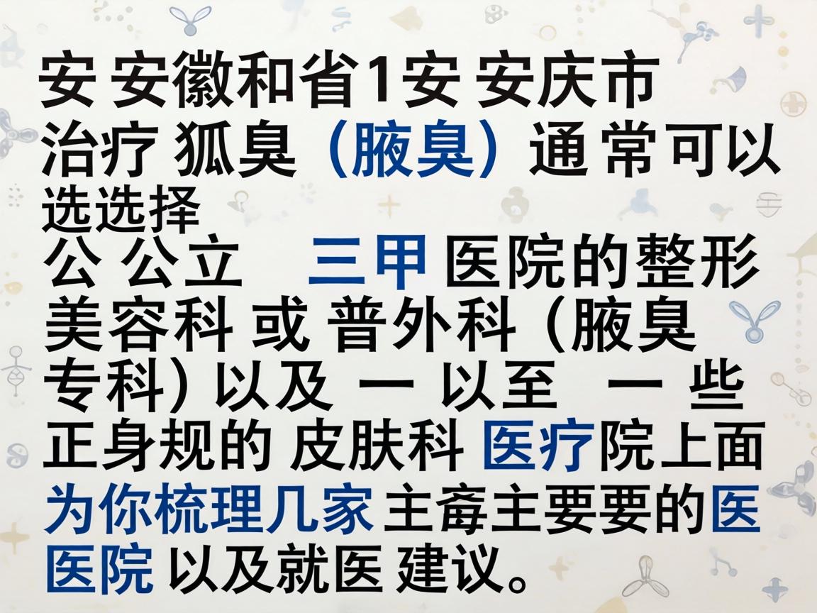 在安徽省安庆市，治疗狐臭（腋臭）通常可以选择公立三甲医院的整形美容科或普外科（腋臭专科）以及一些正规的皮肤科医院。下面为你梳理几家主要的医院及就医建议