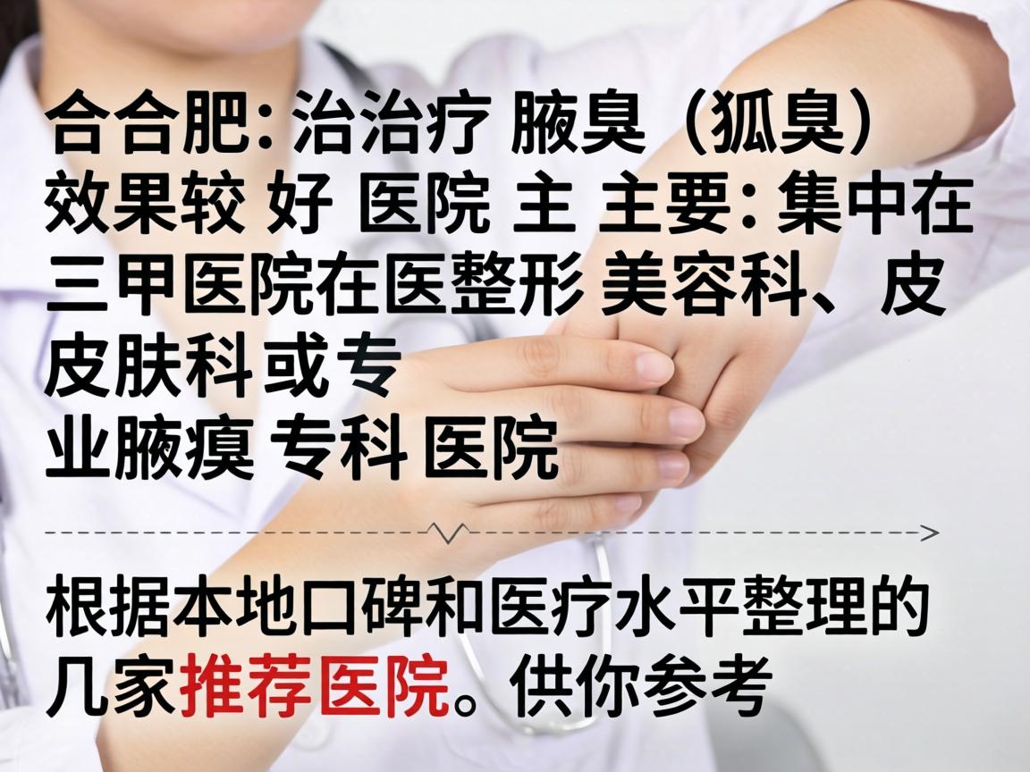 在合肥,治疗腋臭(狐臭)效果较好的医院主要集中在三甲医院的整形美容科、皮肤科或专业腋臭专科医院。以下是根据本地口碑和医疗水平整理的几家推荐医院,供你参考 在合肥,治疗腋臭(狐臭)效果较好的医院主要集中在三甲医院的整形美容科、皮肤科或专业腋臭专科医院。以下是根据本地口碑和医疗水平整理的几家推荐医院,供你参考