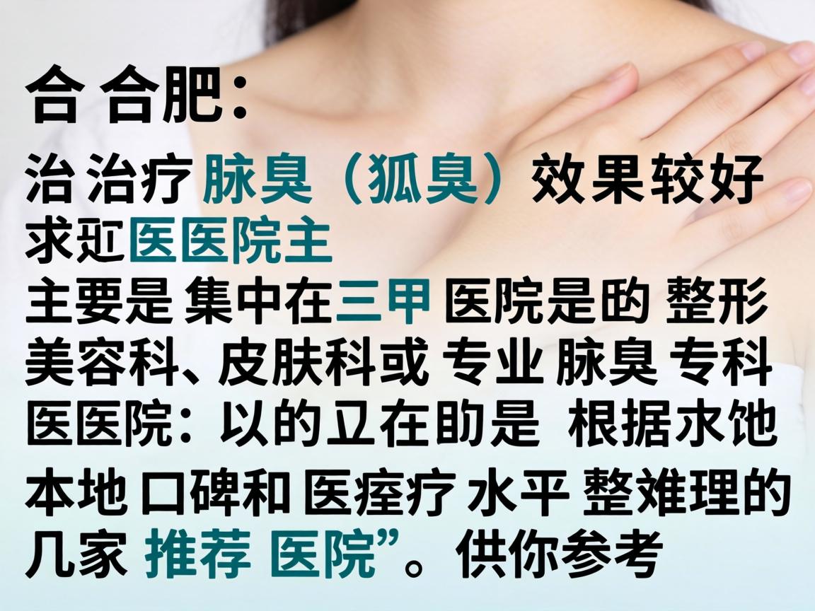 在合肥,治疗腋臭(狐臭)效果较好的医院主要集中在三甲医院的整形美容科、皮肤科或专业腋臭专科医院。以下是根据本地口碑和医疗水平整理的几家推荐医院,供你参考 在合肥,治疗腋臭(狐臭)效果较好的医院主要集中在三甲医院的整形美容科、皮肤科或专业腋臭专科医院。以下是根据本地口碑和医疗水平整理的几家推荐医院,供你参考