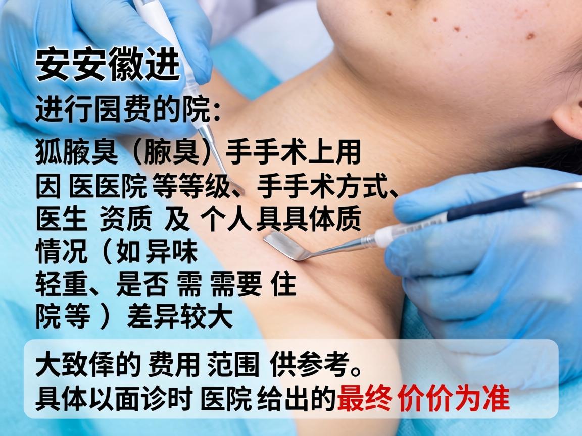 在安徽进行狐臭（腋臭）手术的费用因医院等级、手术方式、医生资质及个人具体情况（如异味轻重、是否需要住院等）差异较大。以下是大致的费用范围供参考，具体以面诊时医院给出的最终价格为准