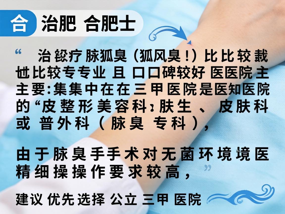 在合肥，治疗腋臭（狐臭）比较专业且口碑较好的医院主要集中在三甲医院的整形美容科、皮肤科或普外科（腋臭专科）由于腋臭手术对无菌环境和医生精细操作要求较高，建议优先选择公立三甲医院
