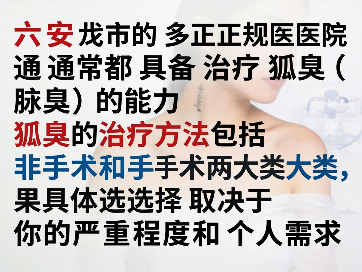六安市的多家正规医院通常都具备治疗狐臭（腋臭）的能力。狐臭的治疗方法包括非手术和手术两大类，具体选择取决于你的严重程度和个人需求