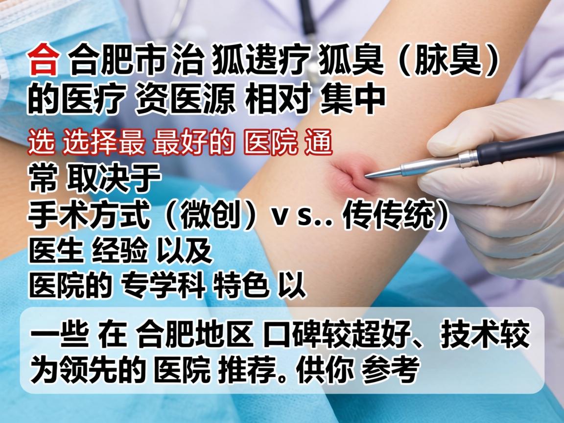在合肥市，治疗狐臭（腋臭）的医疗资源相对集中。选择最好的医院通常取决于手术方式（微创 vs.传统）医生经验以及医院的专科特色。以下是一些在合肥地区口碑较好、技术较为领先的医院推荐，供你参考