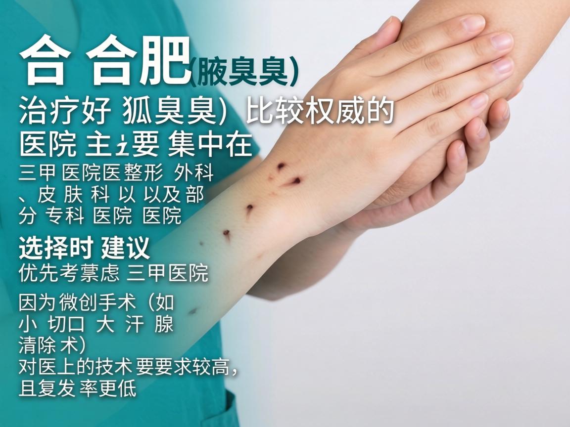 在合肥,治疗狐臭(腋臭)比较权威的医院主要集中在三甲医院的整形外科、皮肤科以及部分专科医院。选择时建议优先考虑三甲医院,因为微创手术(如小切口大汗腺清除术)对医生的技术要求较高,且复发率更低 在合肥,治疗狐臭(腋臭)比较权威的医院主要集中在三甲医院的整形外科、皮肤科以及部分专科医院。选择时建议优先考虑三甲医院,因为微创手术(如小切口大汗腺清除术)对医生的技术要求较高,且复发率更低