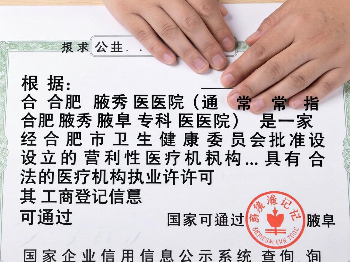 根据公开信息,合肥腋秀医院(通常指合肥腋秀腋臭专科医院)是一家经合肥市卫生健康委员会批准设立的营利性医疗机构,具有合法的医疗机构执业许可证。其工商登记信息可通过国家企业信用信息公示系统查询 根据公开信息,合肥腋秀医院(通常指合肥腋秀腋臭专科医院)是一家经合肥市卫生健康委员会批准设立的营利性医疗机构,具有合法的医疗机构执业许可证。其工商登记信息可通过国家企业信用信息公示系统查询