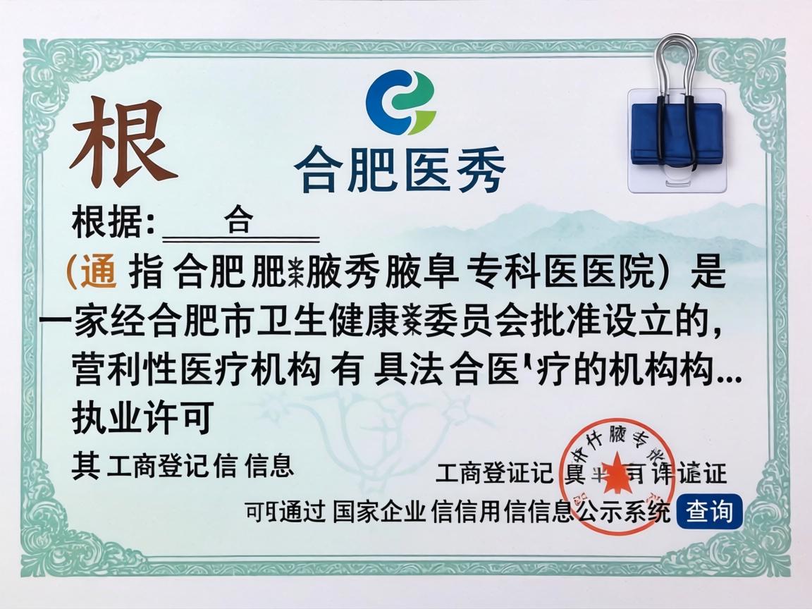 根据公开信息,合肥腋秀医院(通常指合肥腋秀腋臭专科医院)是一家经合肥市卫生健康委员会批准设立的营利性医疗机构,具有合法的医疗机构执业许可证。其工商登记信息可通过国家企业信用信息公示系统查询 根据公开信息,合肥腋秀医院(通常指合肥腋秀腋臭专科医院)是一家经合肥市卫生健康委员会批准设立的营利性医疗机构,具有合法的医疗机构执业许可证。其工商登记信息可通过国家企业信用信息公示系统查询