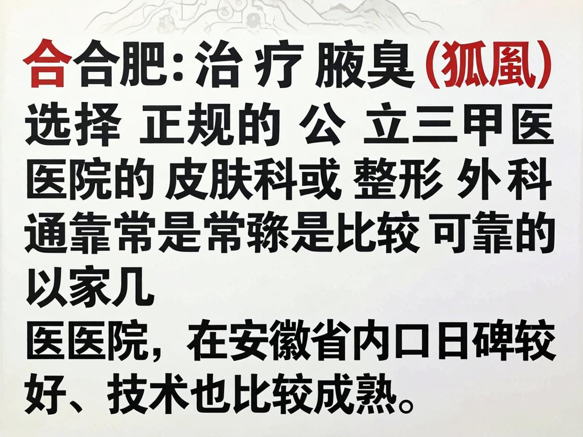 在合肥,治疗腋臭(狐臭)选择正规的公立三甲医院的皮肤科或整形外科通常是比较可靠的。以下几家医院在安徽省内口碑较好,技术也比较成熟 在合肥,治疗腋臭(狐臭)选择正规的公立三甲医院的皮肤科或整形外科通常是比较可靠的。以下几家医院在安徽省内口碑较好,技术也比较成熟