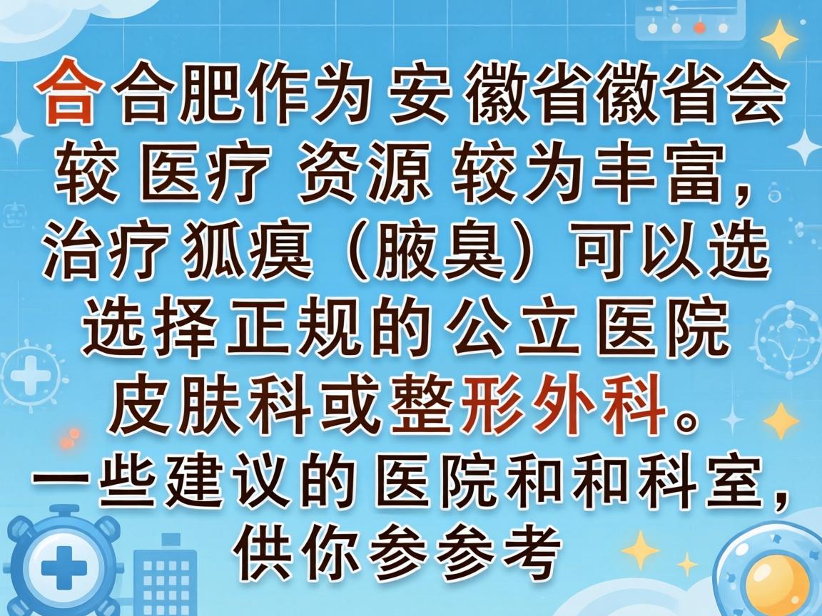 合肥作为安徽省的省会,医疗资源较为丰富,治疗狐臭(腋臭)可以选择正规的公立医院皮肤科或整形外科。以下是一些建议的医院和科室,供你参考 合肥作为安徽省的省会,医疗资源较为丰富,治疗狐臭(腋臭)可以选择正规的公立医院皮肤科或整形外科。以下是一些建议的医院和科室,供你参考