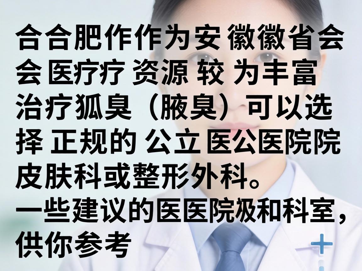 合肥作为安徽省的省会,医疗资源较为丰富,治疗狐臭(腋臭)可以选择正规的公立医院皮肤科或整形外科。以下是一些建议的医院和科室,供你参考 合肥作为安徽省的省会,医疗资源较为丰富,治疗狐臭(腋臭)可以选择正规的公立医院皮肤科或整形外科。以下是一些建议的医院和科室,供你参考
