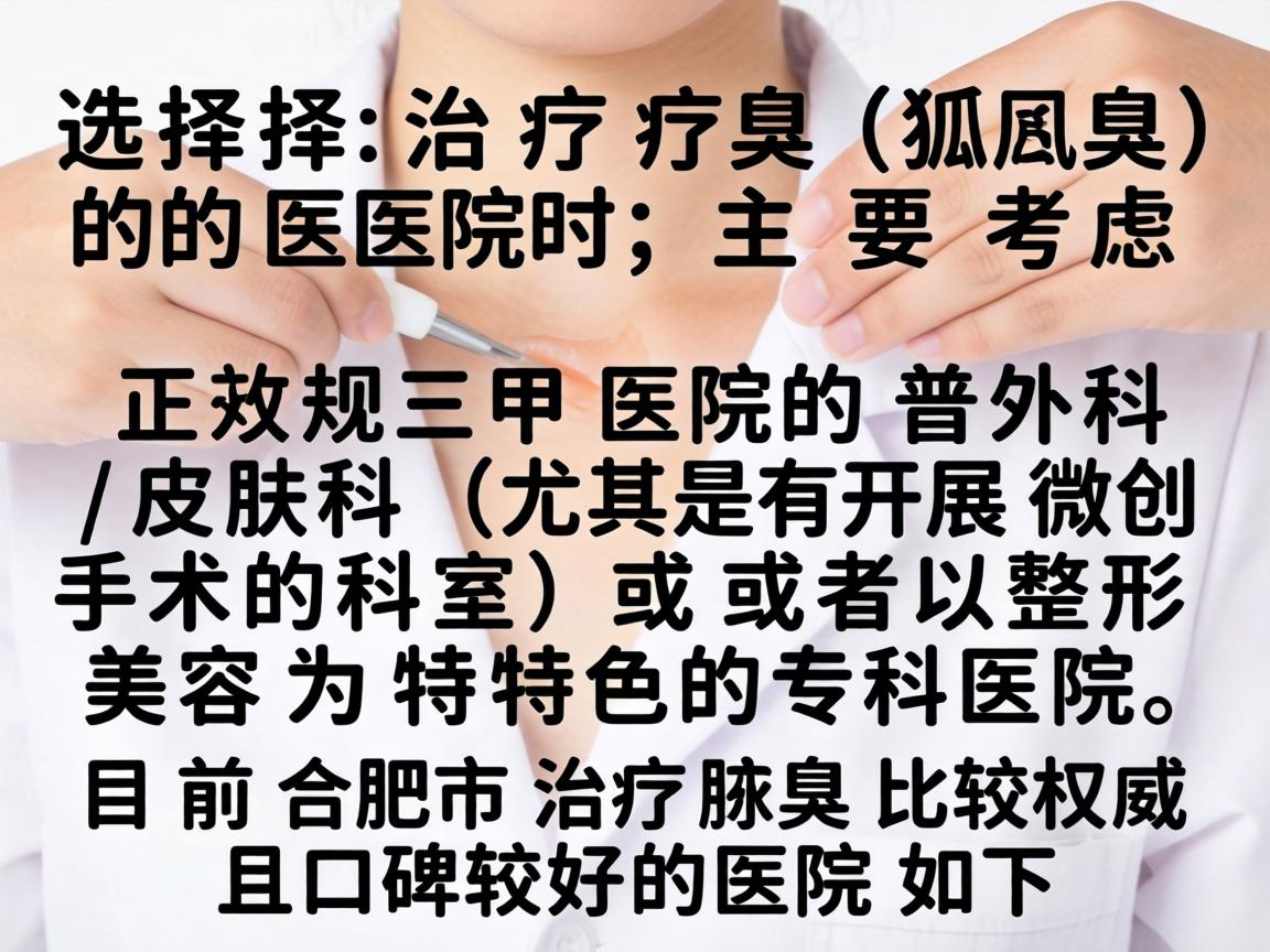 选择治疗腋臭（狐臭）的医院时，主要考虑正规三甲医院的普外科/皮肤科（尤其是有开展微创手术的科室）或者以整形美容为特色的专科医院。目前合肥市治疗腋臭比较权威且口碑较好的医院如下
