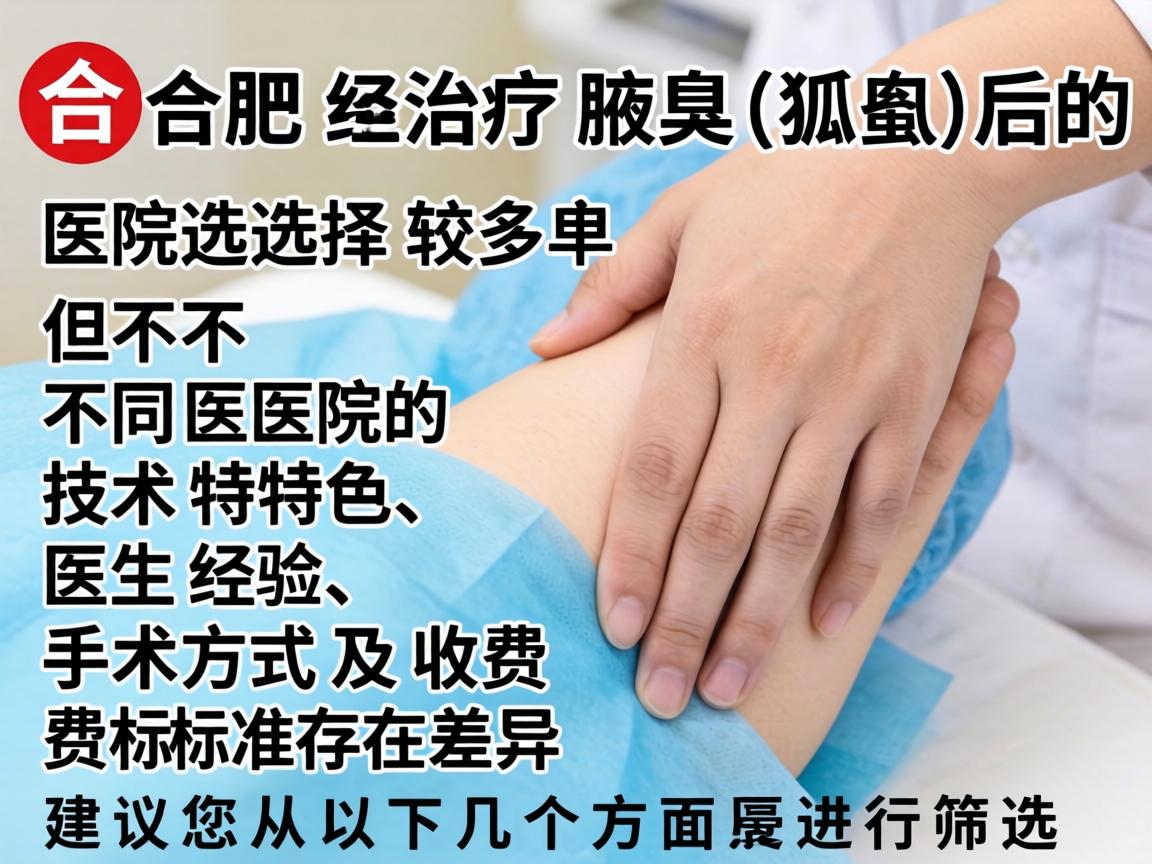在合肥,治疗腋臭(狐臭)的医院选择较多,但不同医院的技术特色、医生经验、手术方式及收费标准存在差异。建议您从以下几个方面进行筛选 在合肥,治疗腋臭(狐臭)的医院选择较多,但不同医院的技术特色、医生经验、手术方式及收费标准存在差异。建议您从以下几个方面进行筛选