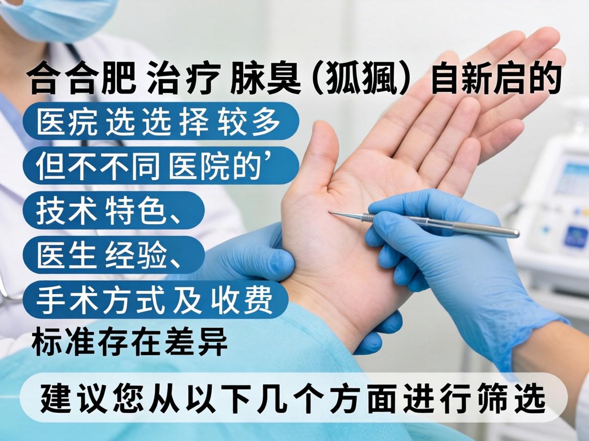 在合肥,治疗腋臭(狐臭)的医院选择较多,但不同医院的技术特色、医生经验、手术方式及收费标准存在差异。建议您从以下几个方面进行筛选 在合肥,治疗腋臭(狐臭)的医院选择较多,但不同医院的技术特色、医生经验、手术方式及收费标准存在差异。建议您从以下几个方面进行筛选