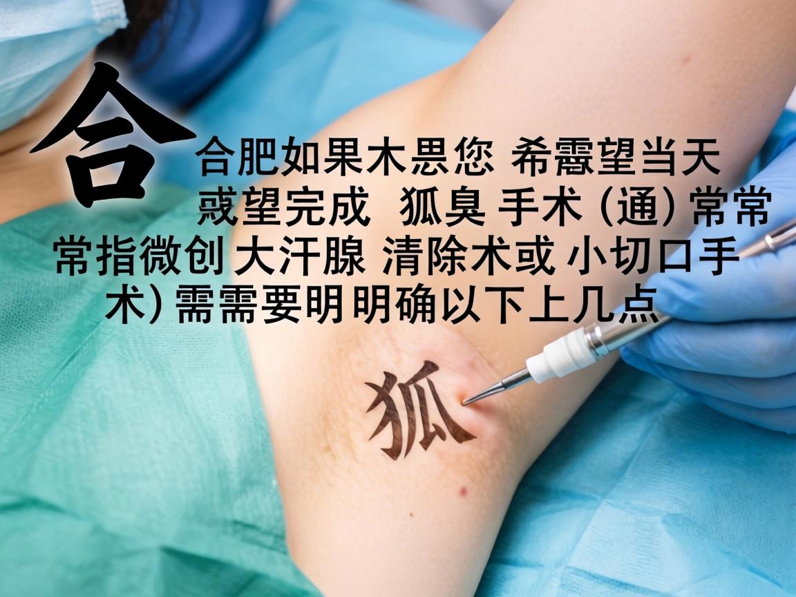 在合肥,如果您希望当天完成狐臭手术(通常指微创大汗腺清除术或小切口手术)需要明确以下几点 在合肥,如果您希望当天完成狐臭手术(通常指微创大汗腺清除术或小切口手术)需要明确以下几点