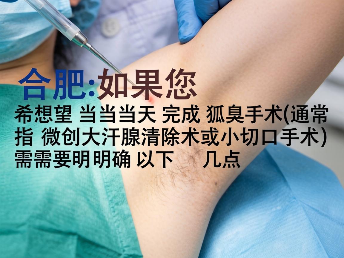 在合肥,如果您希望当天完成狐臭手术(通常指微创大汗腺清除术或小切口手术)需要明确以下几点 在合肥,如果您希望当天完成狐臭手术(通常指微创大汗腺清除术或小切口手术)需要明确以下几点