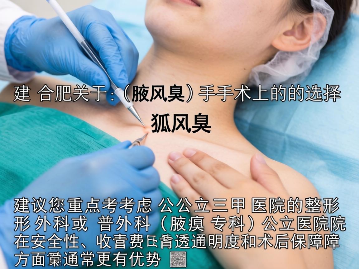 在合肥,关于腋臭(狐臭)手术的选择,建议您重点考虑公立三甲医院的整形外科或普外科(腋臭专科)公立医院在安全性、收费透明度和术后保障方面通常更有优势 在合肥,关于腋臭(狐臭)手术的选择,建议您重点考虑公立三甲医院的整形外科或普外科(腋臭专科)公立医院在安全性、收费透明度和术后保障方面通常更有优势