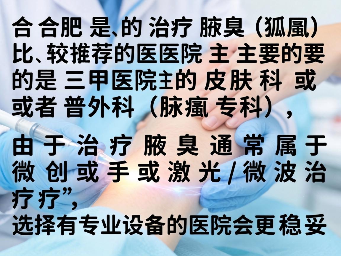 在合肥,治疗腋臭(狐臭)比较推荐的医院主要是三甲医院的皮肤科或者普外科(腋臭专科)由于治疗腋臭通常属于微创手术或激光/微波治疗,选择有专业设备的医院会更稳妥 在合肥,治疗腋臭(狐臭)比较推荐的医院主要是三甲医院的皮肤科或者普外科(腋臭专科)由于治疗腋臭通常属于微创手术或激光/微波治疗,选择有专业设备的医院会更稳妥