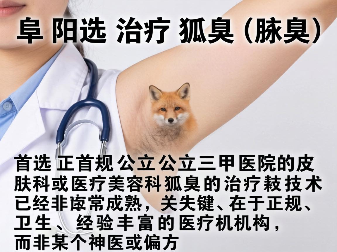 在阜阳，治疗狐臭（腋臭）首选正规公立三甲医院的皮肤科或医疗美容科。狐臭的治疗技术已经非常成熟，关键在于正规、卫生、经验丰富的医疗机构，而非某个神医或偏方