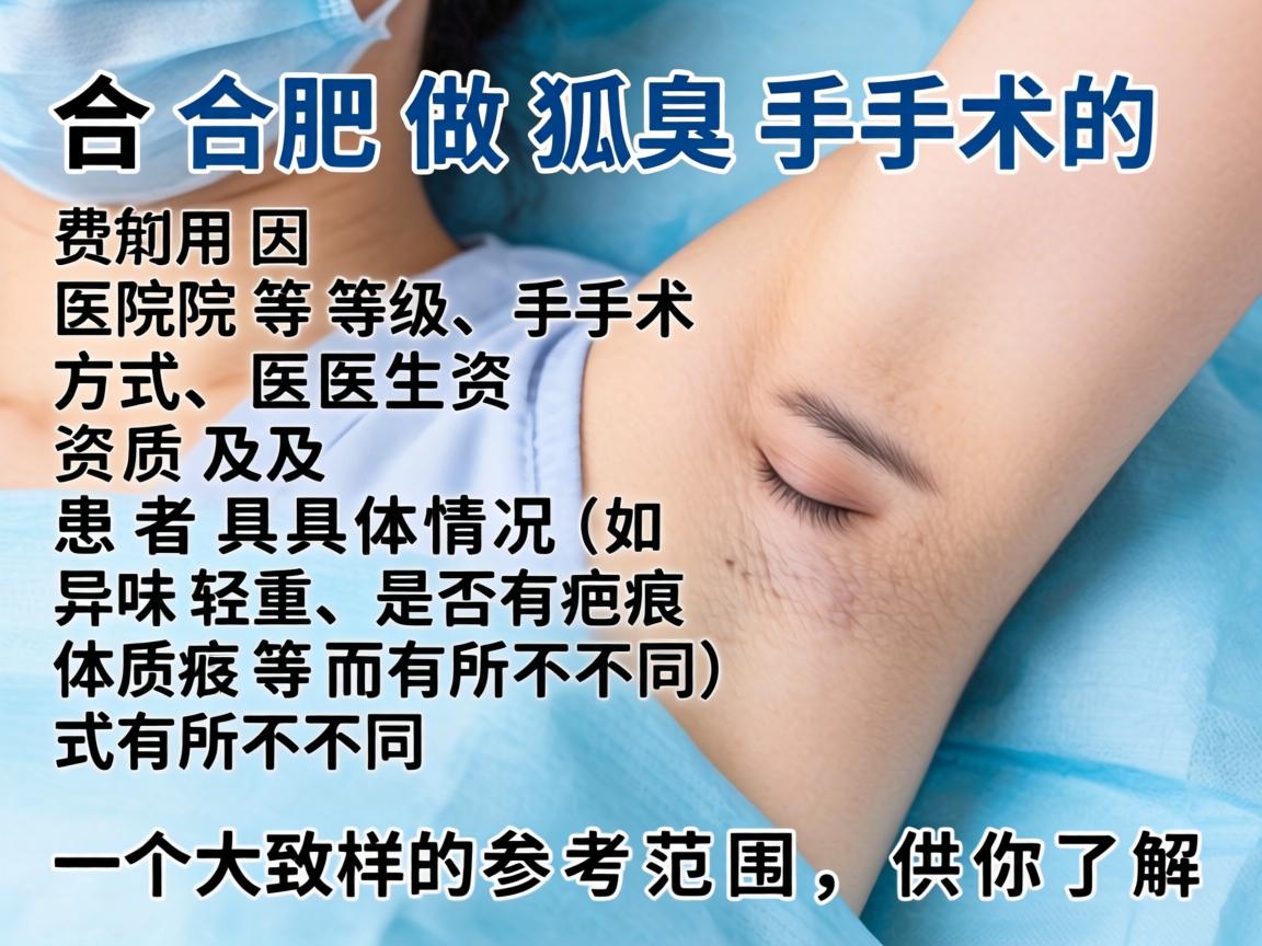 在合肥做狐臭手术的费用因医院等级、手术方式、医生资质及患者具体情况(如异味轻重、是否有疤痕体质等)而有所不同。以下是一个大致的参考范围,供你了解 在合肥做狐臭手术的费用因医院等级、手术方式、医生资质及患者具体情况(如异味轻重、是否有疤痕体质等)而有所不同。以下是一个大致的参考范围,供你了解